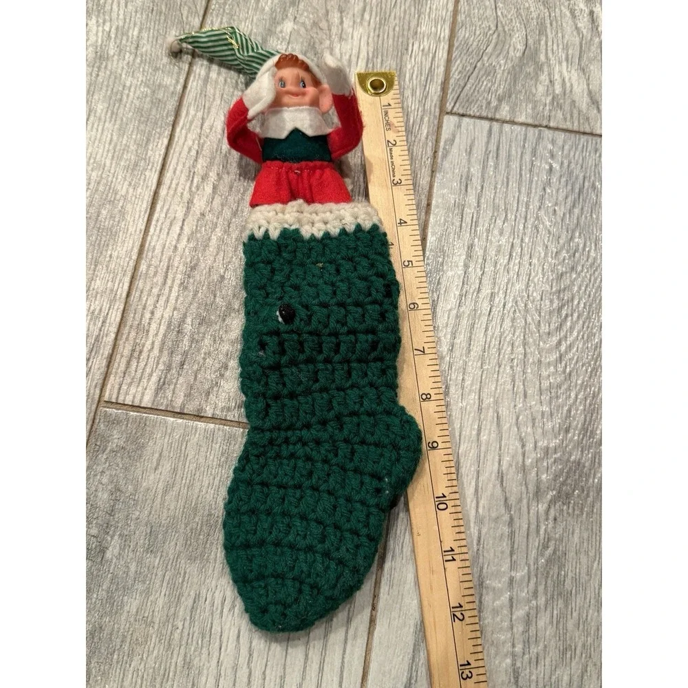 Vintage Pixie Santa Elf Knee Hugger Crochet Stocking Christmas Kitschy Rubber